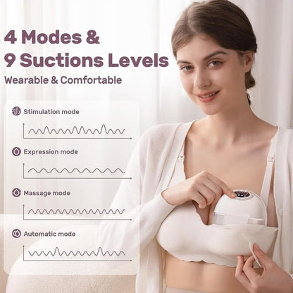 Woman wearing a white bra with a device attached, featuring text about modes and suction levels.